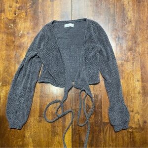 Hollister Womens Small Gray Open Knit Crop Cardigan Tie Front Sweater Fleece